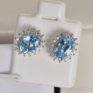 3ct Natural Swiss Blue Topaz Halo Oval Earrings 925 Sterling Silver